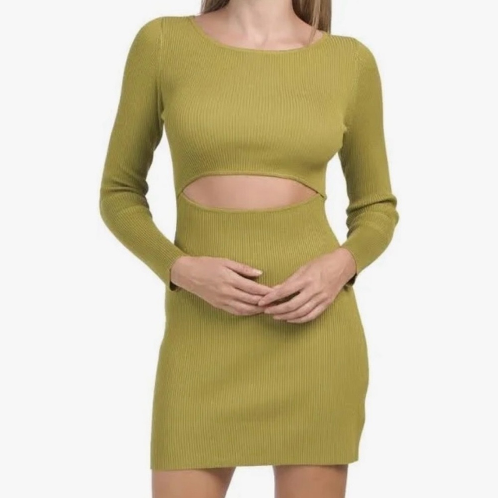 House of Harlow 1960 Green Cut-Out Mini Ribbed Dress Long Sleeve Bodycon Size S